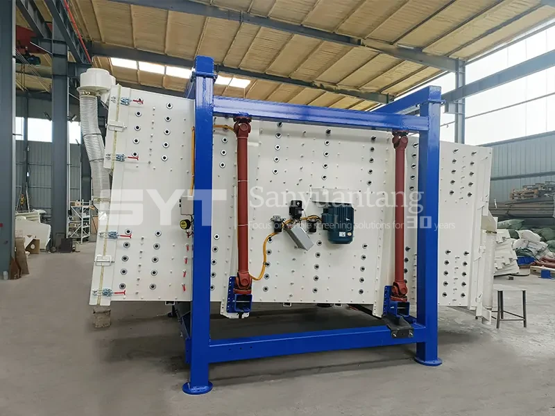 Dual-source rectangular gyratory sifter with a suspended screen box and blue support frame